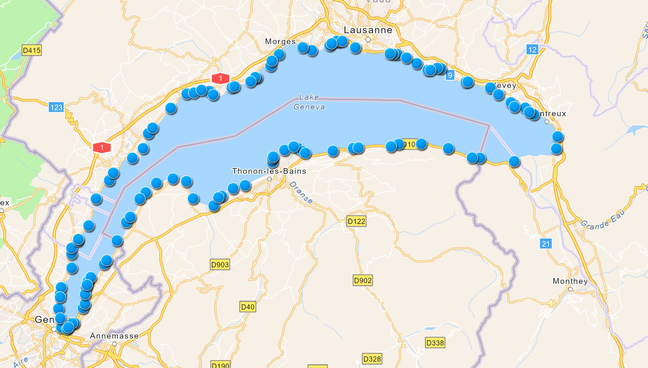 carte des ports et des plages du lac Léman