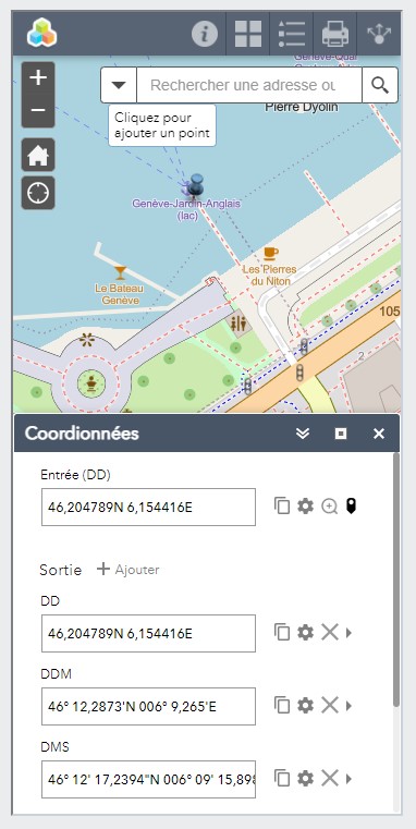 Application web carte des ports et des plages du Léman. conversion Coordonnées GPS - Version smartphone
