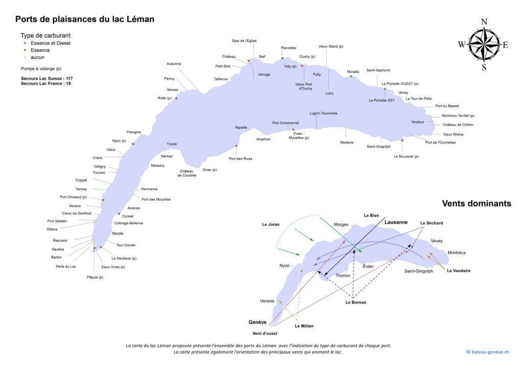 La  carte du lac Léman présente l'ensemble des ports du Léman. La carte présente également l'orientation des principaux vents qui animent le lac. ©bateau-geneve.ch